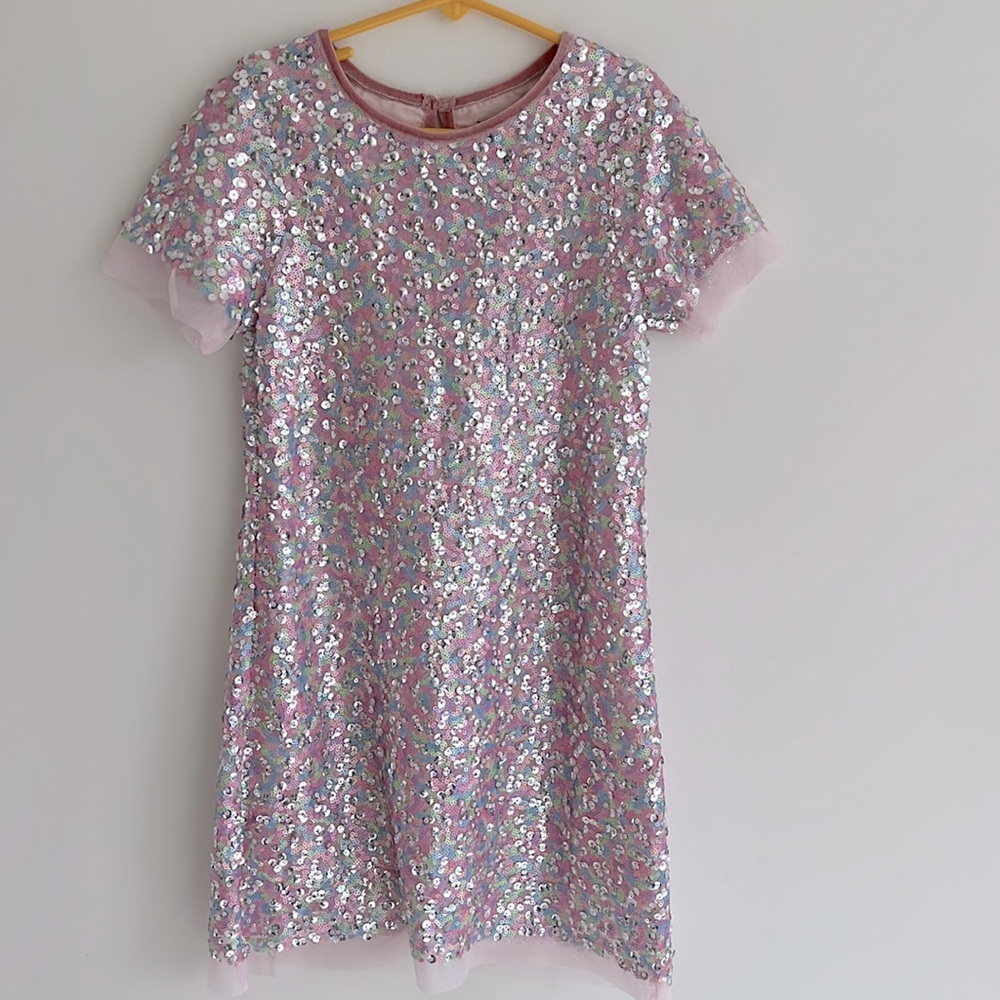 Girls M&S Sequin Dress Sz 7-8 Pink Party Holiday Christmas Occasion Sleeve